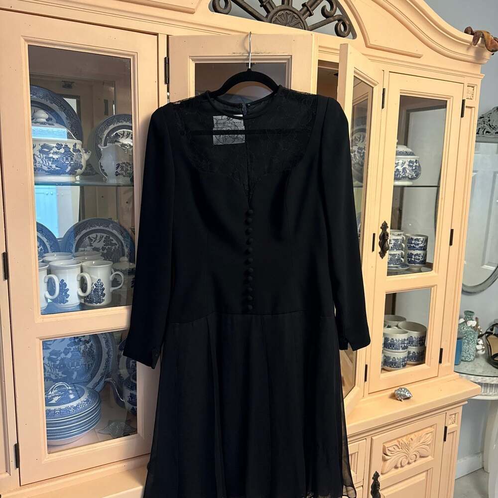 Vintage Saks Fifth Avenue Travilla Black Cocktail Dress, Lace Yoke, Size 8